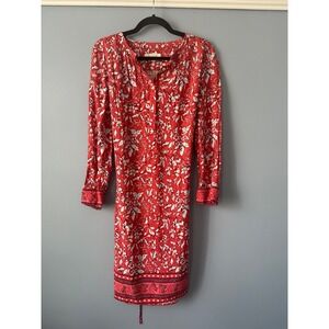 Women's LOFT Deep Coral Floral Long Sleeve Knee Length Tie Back Dress Size Large